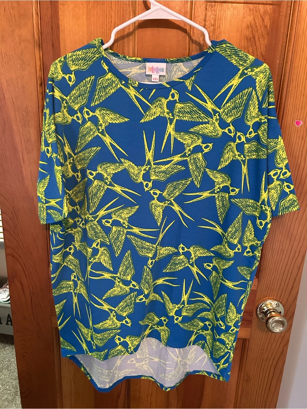 LuLaRoe Blue Top with Neon Yellow Bird Print